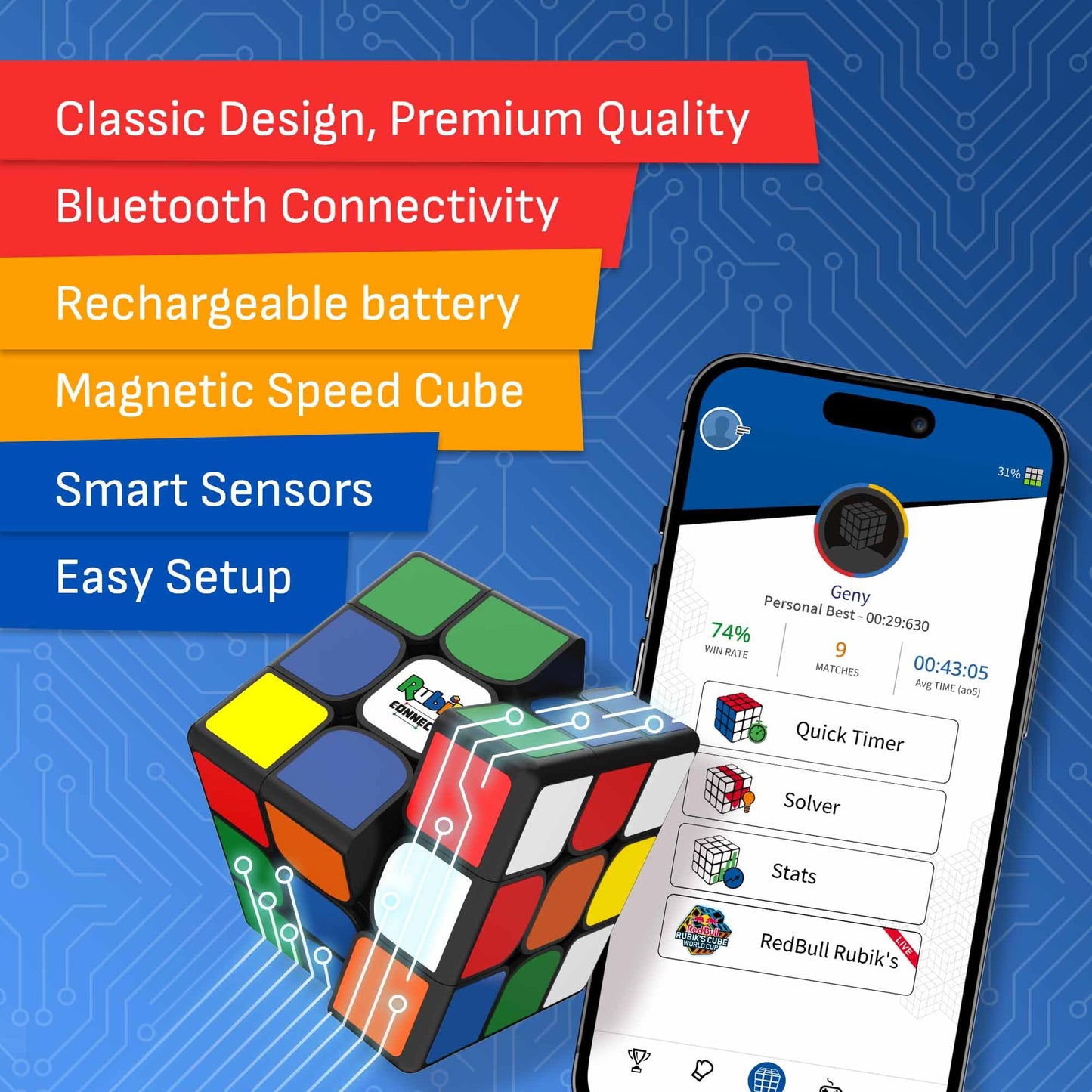 Rubik’s Connected Cube - Go from Beginner to Pro in No Time. 3x3 Smart Magnetic Intelligent Speed Cube. User Friendly App & Online Battles. Rechargeable Battery. STEM Puzzle. Fits All Ages