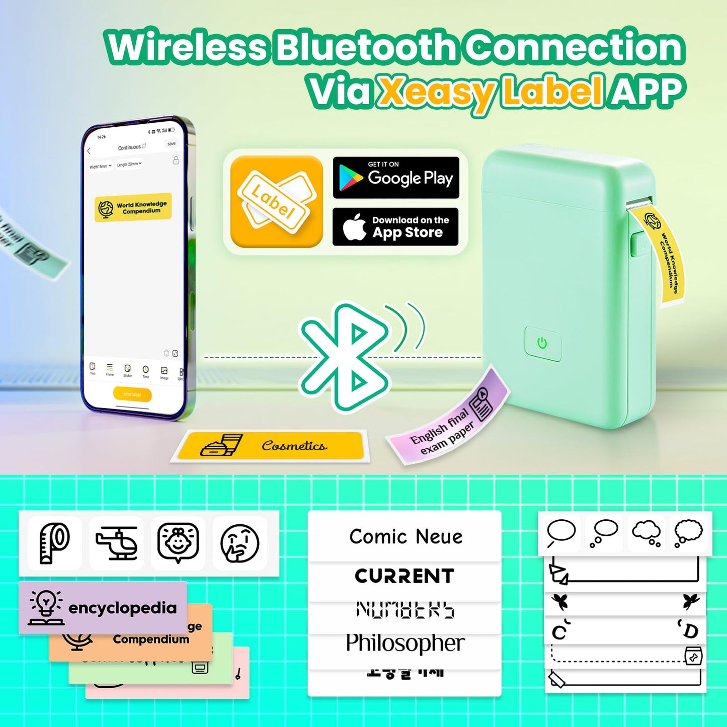 vretti Label Maker Machine with Tape, HP2 Portable Bluetooth Label Printer for Storage, Shipping, Barcode, Office, Home, Organizing Mini Sticker Label Maker with Multiple Templates (Green)