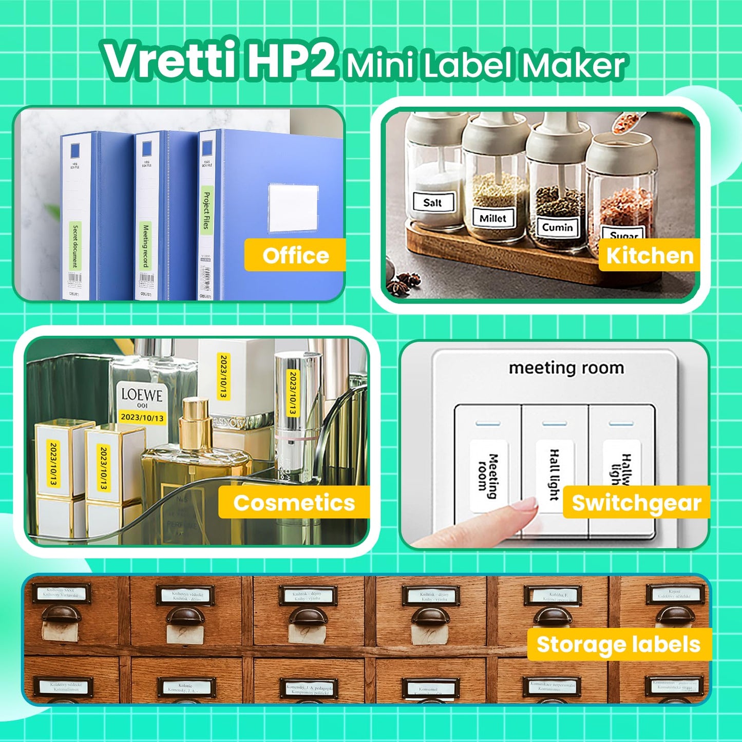 vretti Label Maker Machine with Tape, HP2 Portable Bluetooth Label Printer for Storage, Shipping, Barcode, Office, Home, Organizing Mini Sticker Label Maker with Multiple Templates (Green)