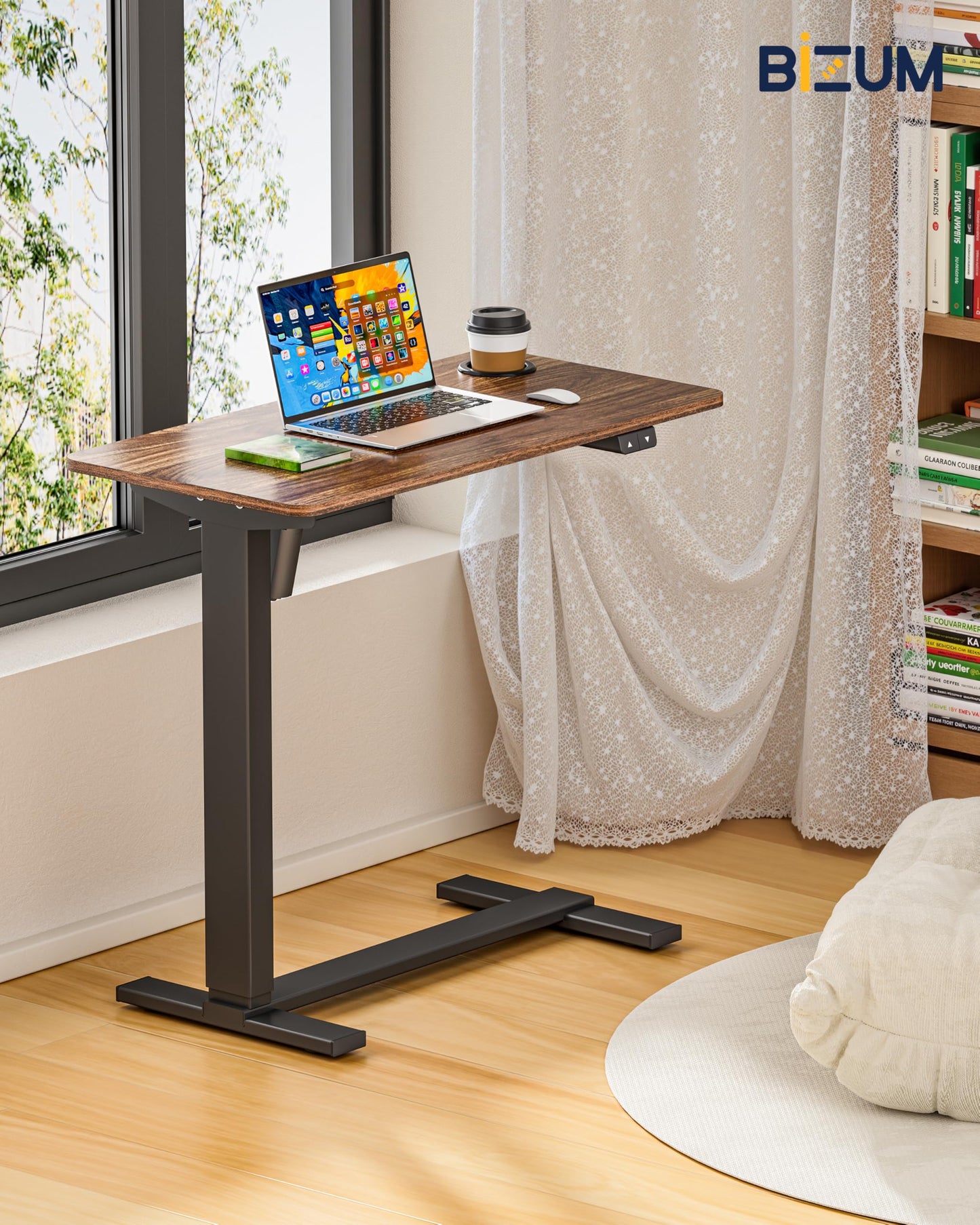 BIZUM Small Electric Standing Desk Bedside Table with Hidden Wheels 31.5 x 15.8 Inch Adjustable Computer Laptop Office Desk, Walnut