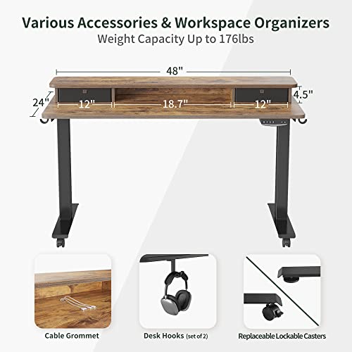 Standing or Sitting Desk - Adjustable, Electric with Double Drawer 48 x 24 Inch