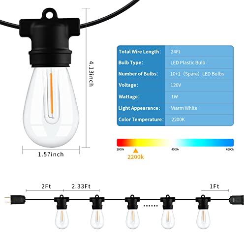 24ft LED Outdoor String Lights, Shatterproof Patio String Lights Outside