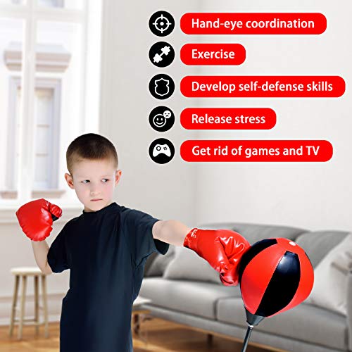 Punching Bag Set for Kids Incl Punching Ball with Stand, Boxing Training Gloves, Adjustable Height for Age 5 to 10
