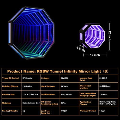 Small Infinity Tunnel Mirror Light, Cool Gaming Desk Futuristic Decor Lamp, RGB Color Changing Wall Art Light, 12-inch Unique Gaming Tabletop Desktop Lamp, for Garage Gaming Sensory Room Decor