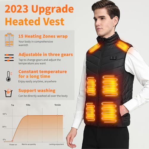 15 Heated Zones Men's Heated Vest, Lightweight Warming Heating Vest Men, Washable Heated Jackets for Men for Outdoor Hunting Skiing - L