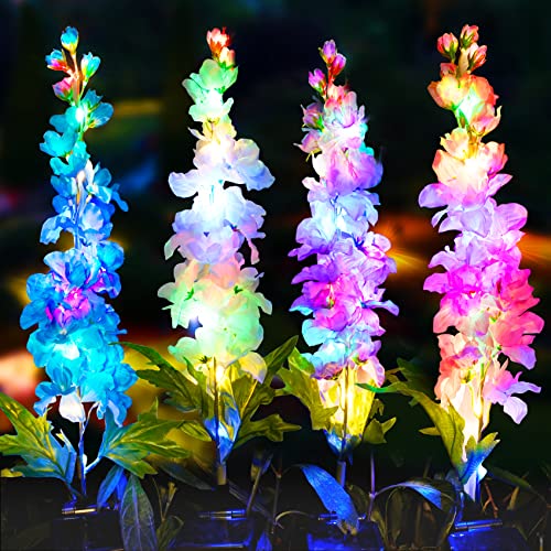 Outdoor LED Solar Garden Lights - 4 Pack Delphinium Flowers with 32 LEDs