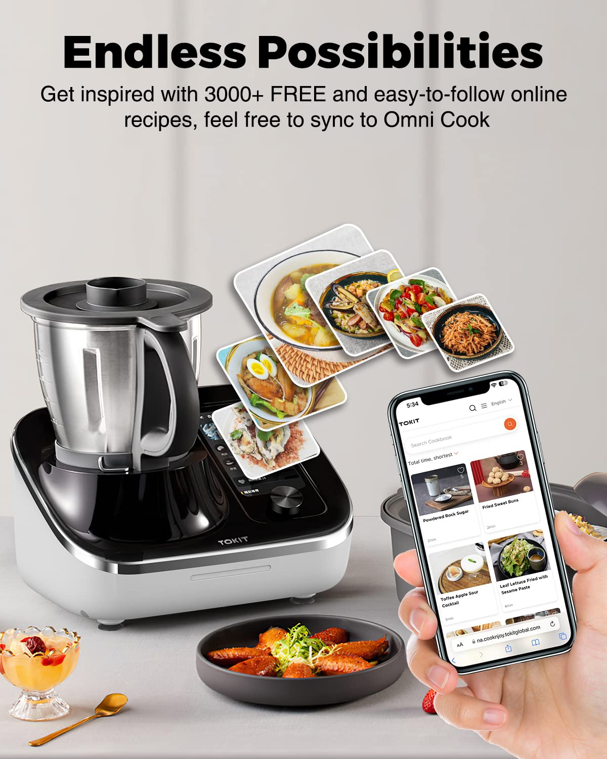 TOKIT Omni Cook Chef Robot, Smart Cooking Machine - Stand Mixer, Slow Cooker, Chopper, Juicer, Blender, Sous-Vide, Knead, Sauté, Yogurt Maker, Weigh, 10 Speed, 3000+ Free Recipes, 95°F-356℉, 2.2QT