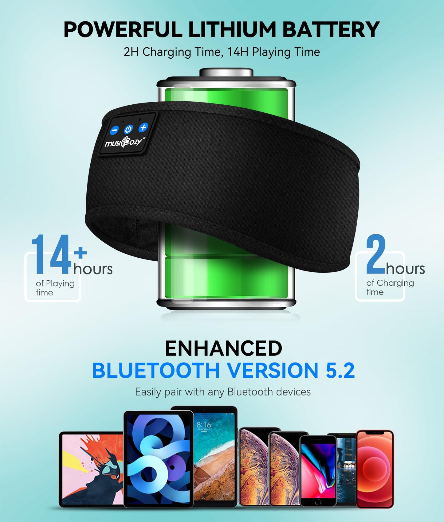 MUSICOZY Sleep Headphones Bluetooth 5.2 Headband, Sports Wireless Earphones Sweat Resistant Earbuds with Ultra-Thin HD Stereo Speaker for Workout Running Cool Gadgets Unique Gifts