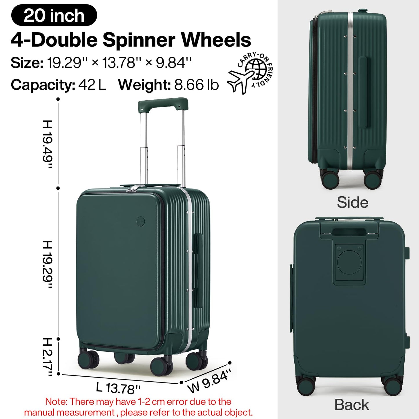 Luggage with Cup holder and Phone Holder and Spinner Wheels,20 Inch Blackish Green
