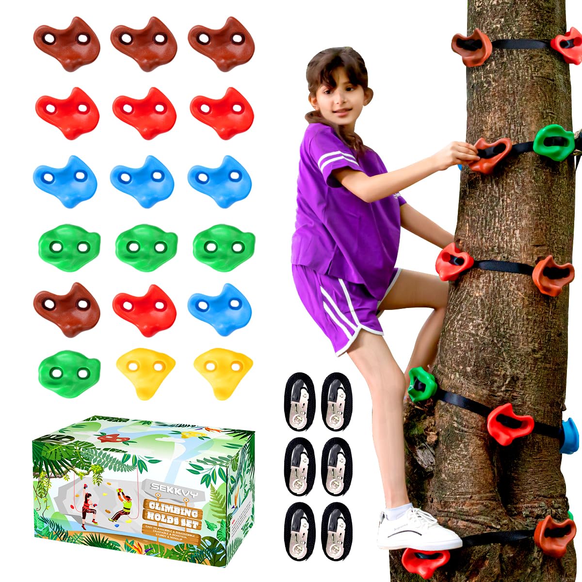 18 Ninja Tree Climbing Holds and 6 Sturdy Ratchet Straps for Kids Tree Climbing, Large Climbing Rocks for Outdoor Ninja Warrior Obstacle Course Training