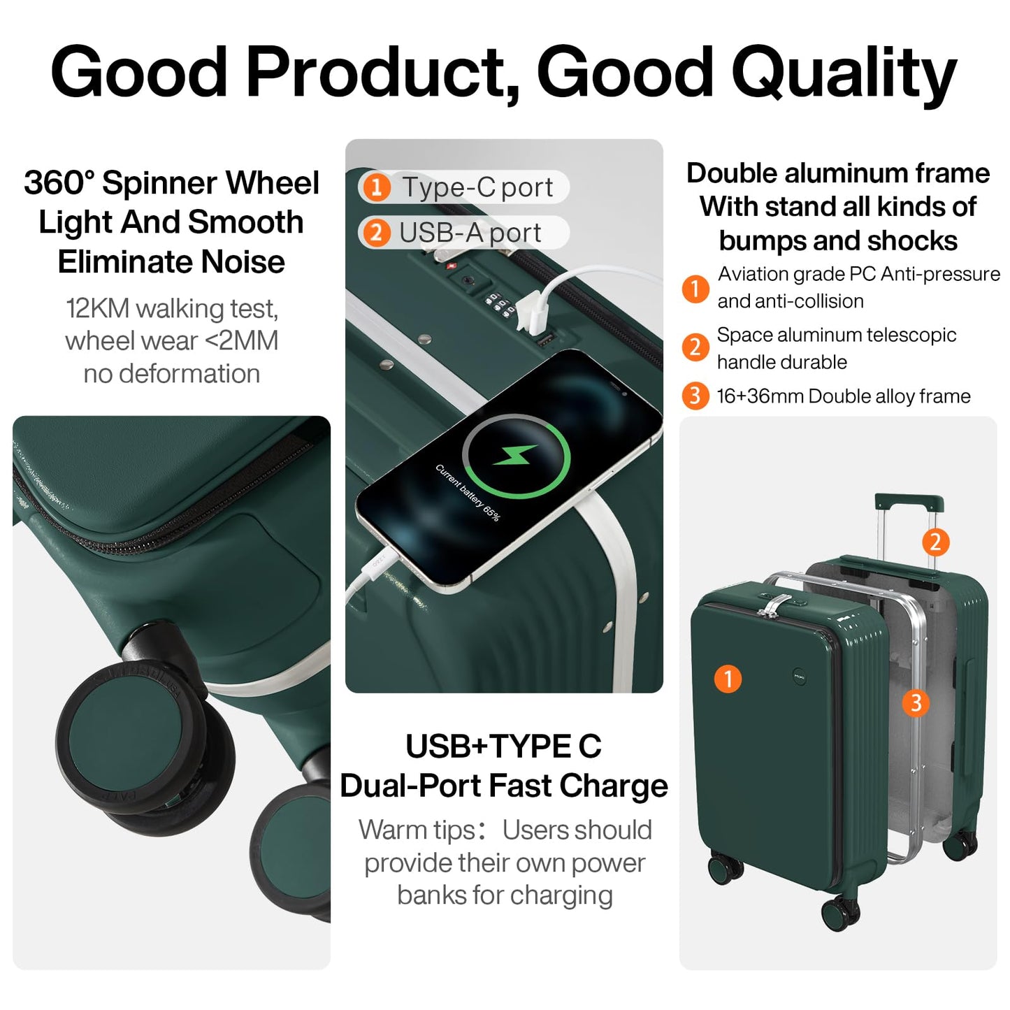 Luggage with Cup holder and Phone Holder and Spinner Wheels,20 Inch Blackish Green