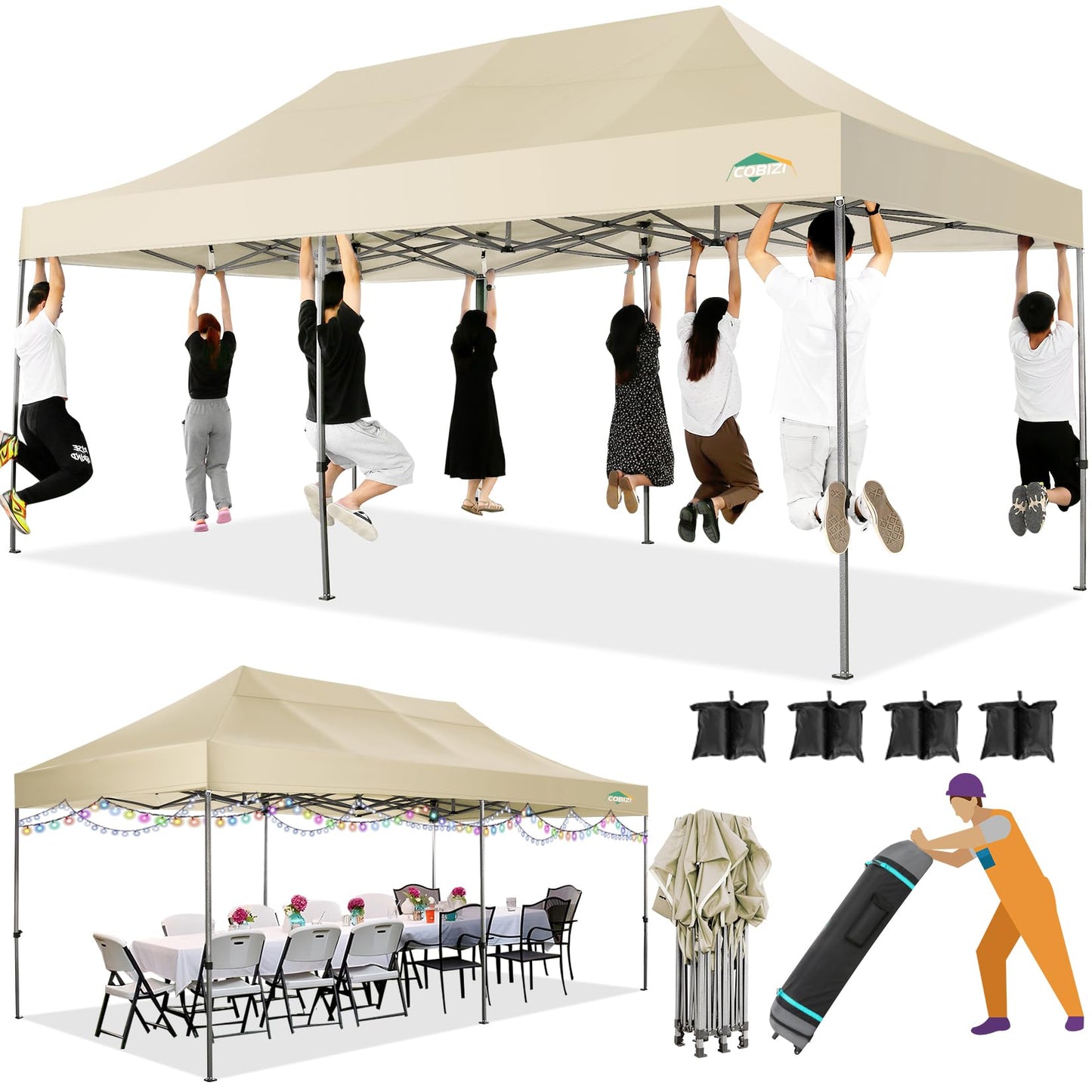 Heavy Duty Pop up Canopy Tent 10x20 feet - Without Sidewall Easy Up Commercial Outdoor Canopy Wedding Party Tents for Parties All Season Wind Waterproof Gazebo with Roller Bag,Khaki(Frame Thickened)