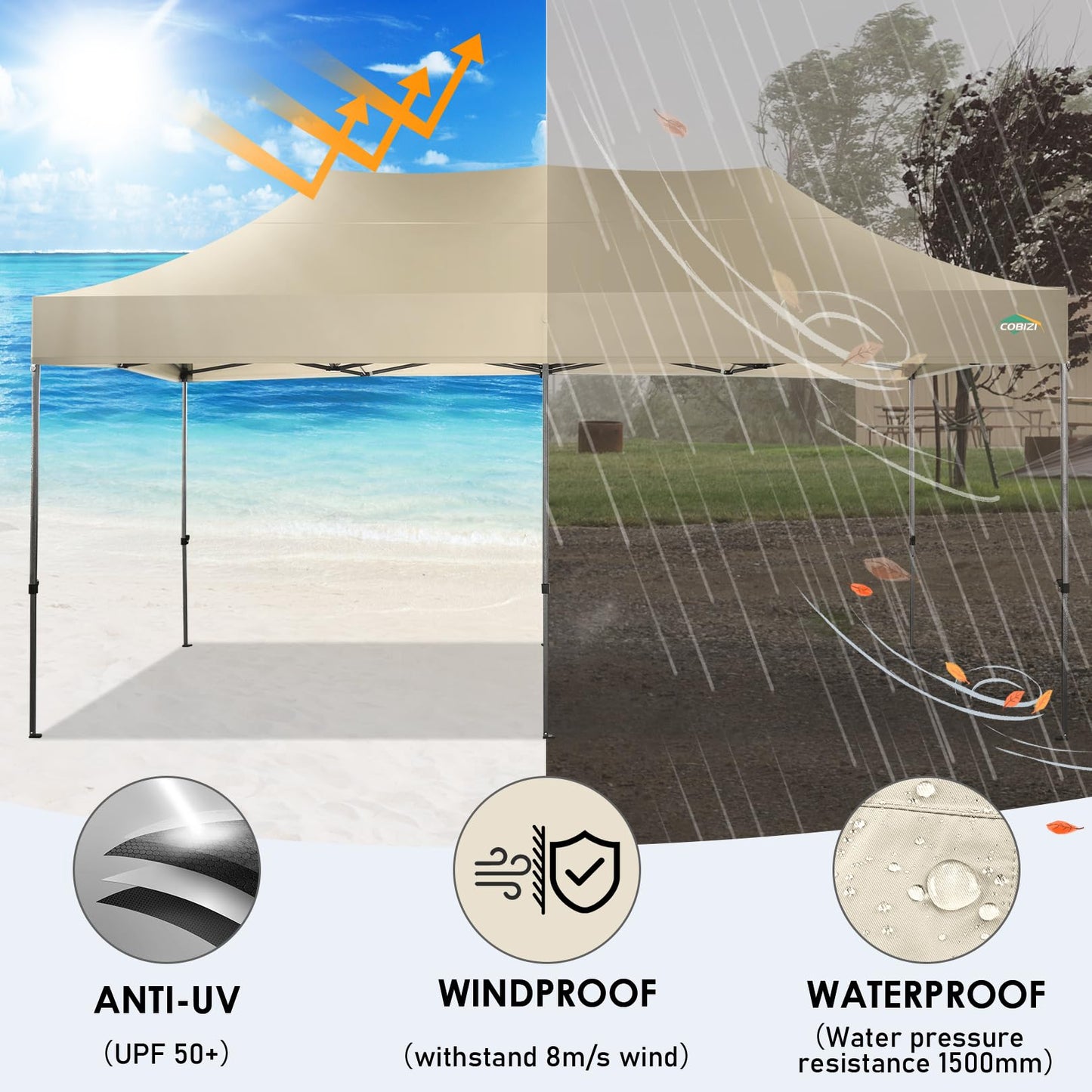 Heavy Duty Pop up Canopy Tent 10x20 feet - Without Sidewall Easy Up Commercial Outdoor Canopy Wedding Party Tents for Parties All Season Wind Waterproof Gazebo with Roller Bag,Khaki(Frame Thickened)