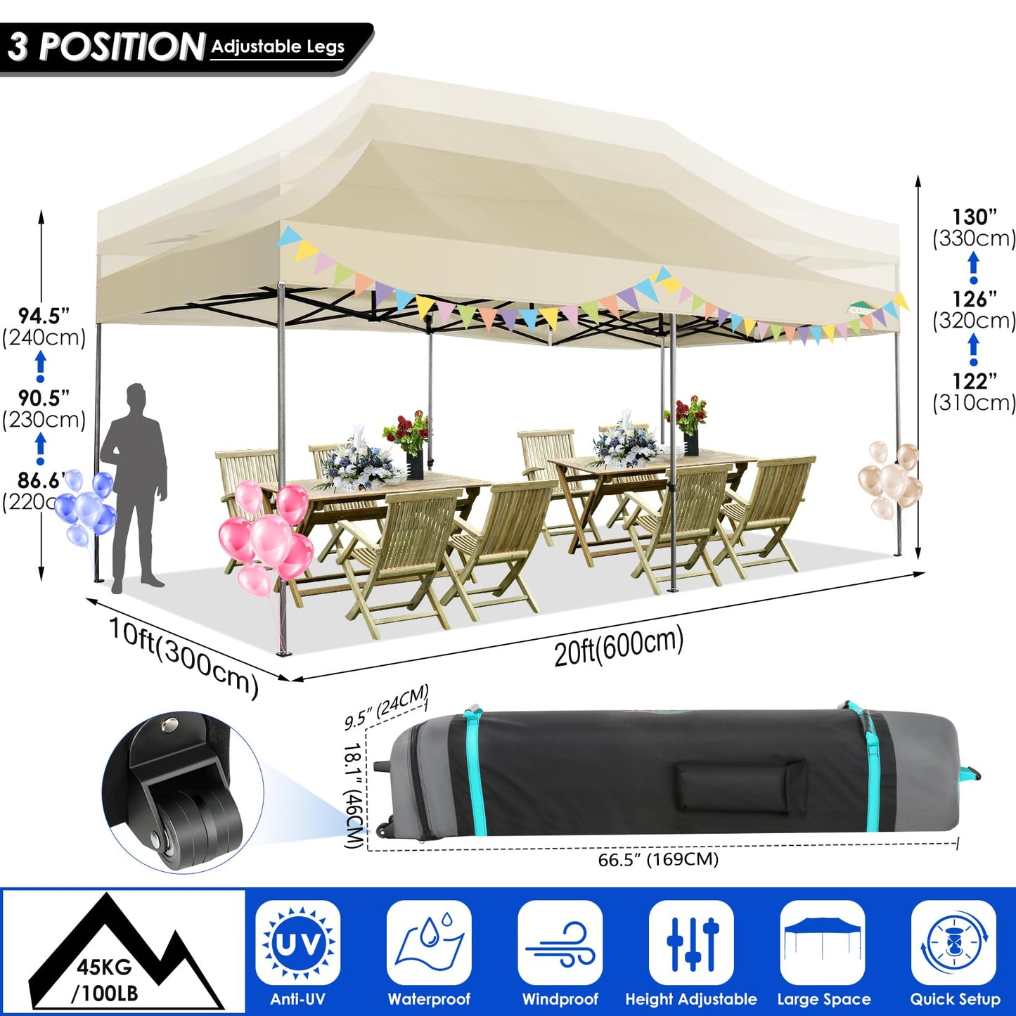 Heavy Duty Pop up Canopy Tent 10x20 feet - Without Sidewall Easy Up Commercial Outdoor Canopy Wedding Party Tents for Parties All Season Wind Waterproof Gazebo with Roller Bag,Khaki(Frame Thickened)