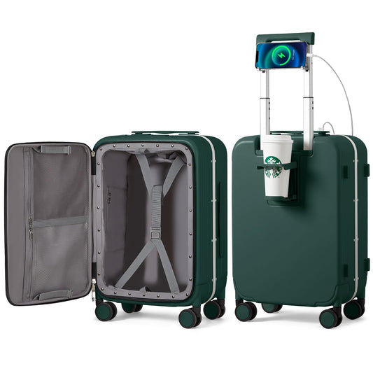 Luggage with Cup holder and Phone Holder and Spinner Wheels,20 Inch Blackish Green