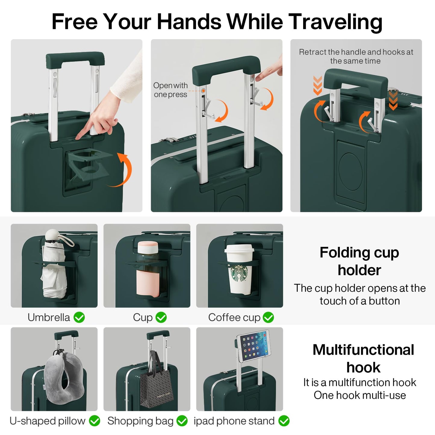 Luggage with Cup holder and Phone Holder and Spinner Wheels,20 Inch Blackish Green