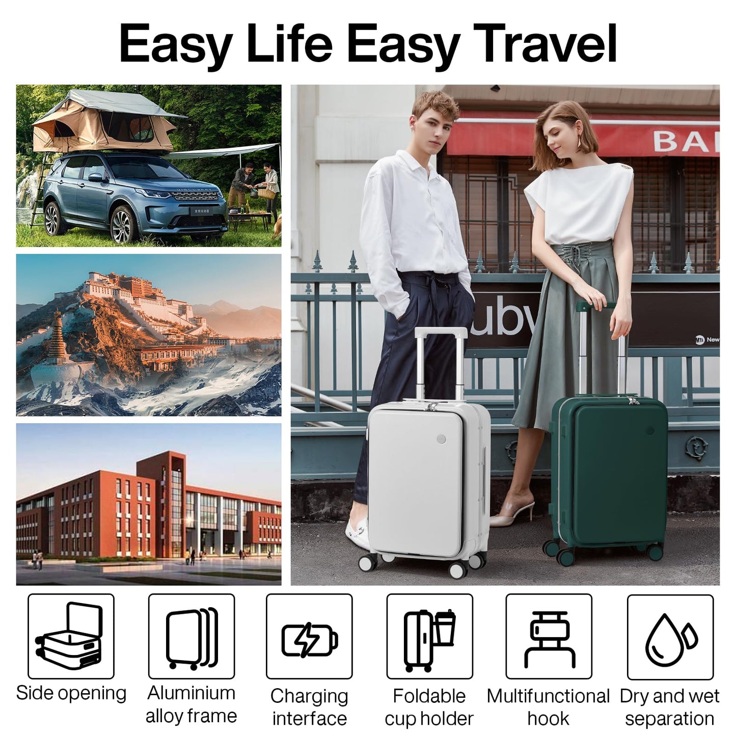 Luggage with Cup holder and Phone Holder and Spinner Wheels,20 Inch Blackish Green