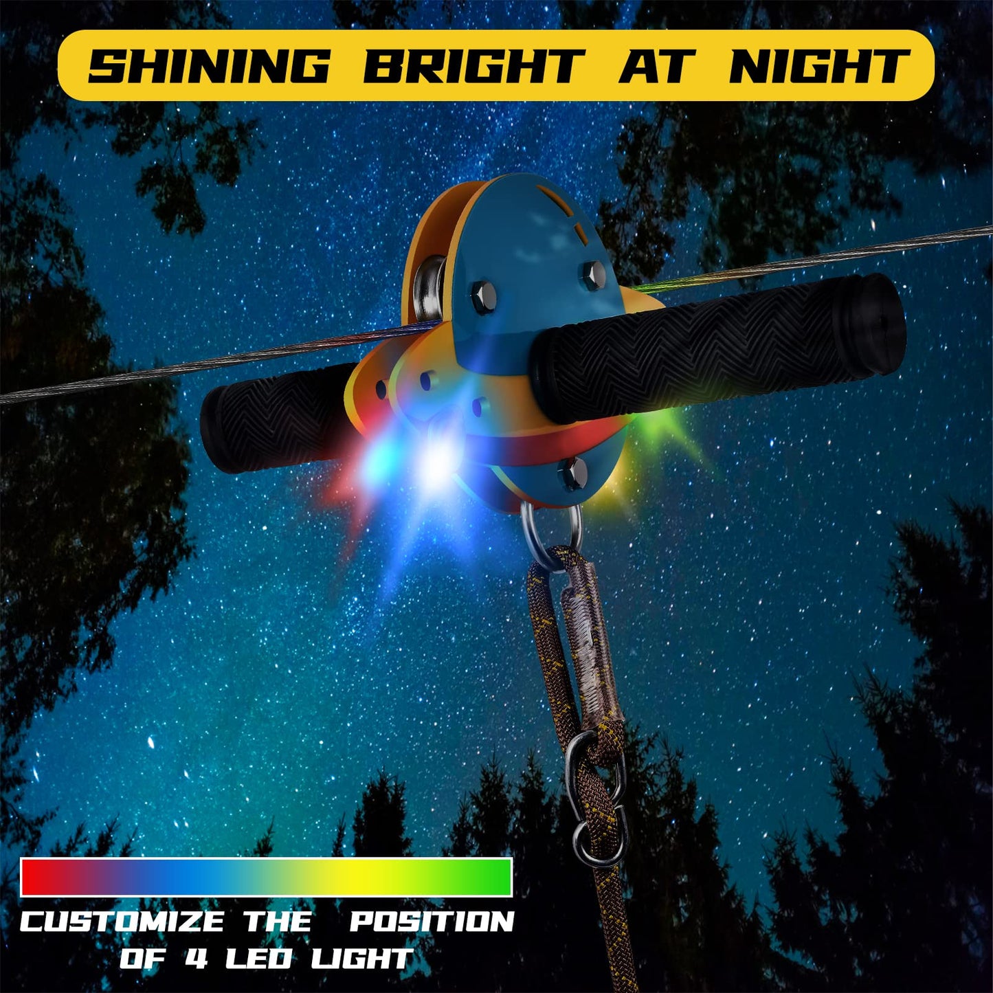 100FT Zip Lines for Kids and Adults Outdoor, - Holding 330 LBS with UFO Light Up