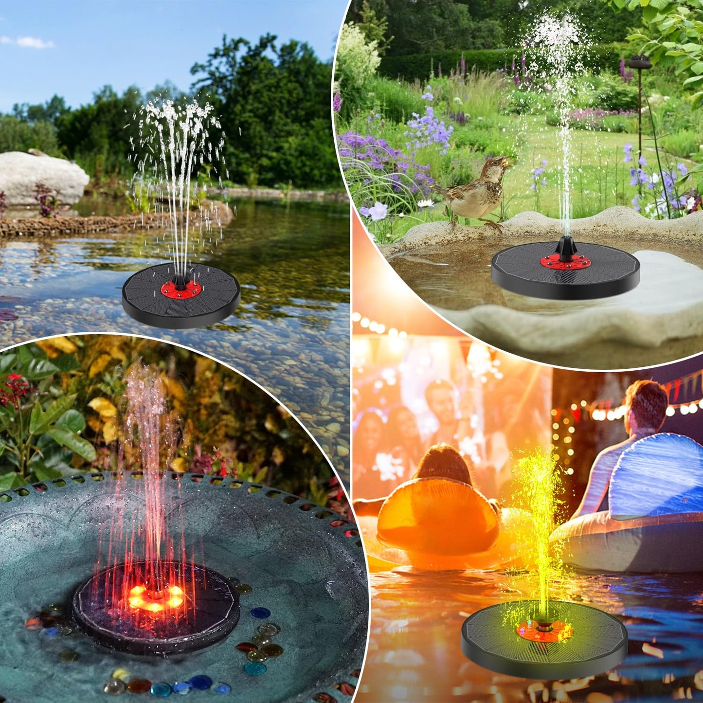 Solar Birdbath Fountains with Colorful Lights with 8 Spray Modes & 4 Fixed Pipes for Garden, Pool, Pond