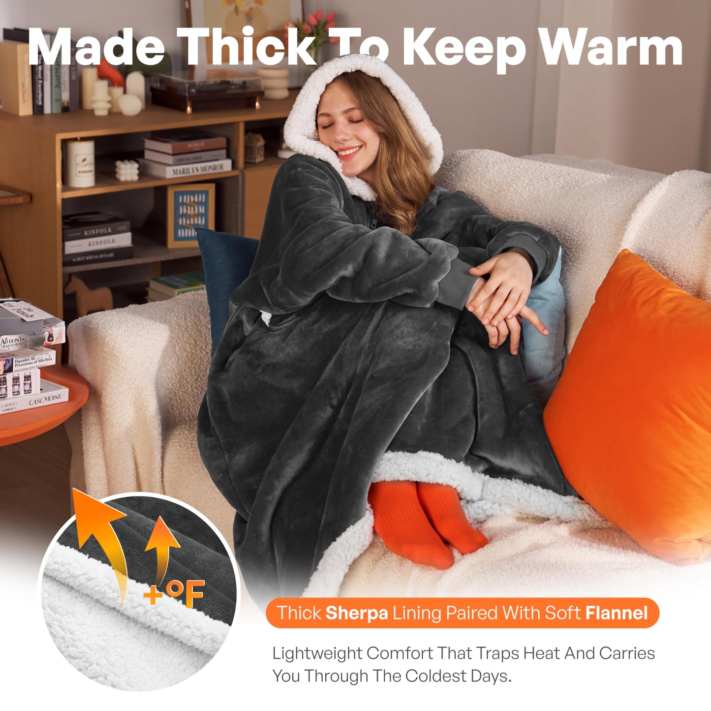 Giggling Getup Wearable Blanket Hoodie for Women Men Gifts for Women Mom Wife Sherpa Fleece Long Hooded Blanket Sweatshirt Cozy Sherpa Wearable Throw with Pocket & Sleeves for Adult Standard Dark Grey