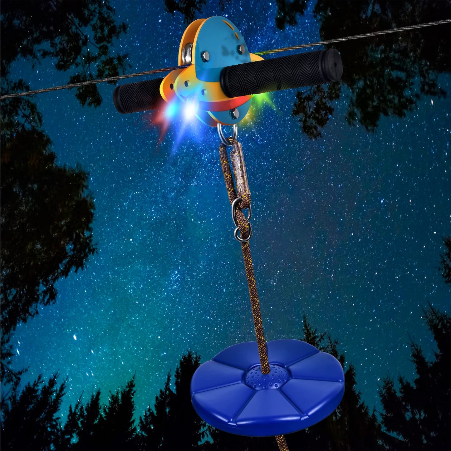 100FT Zip Lines for Kids and Adults Outdoor, - Holding 330 LBS with UFO Light Up