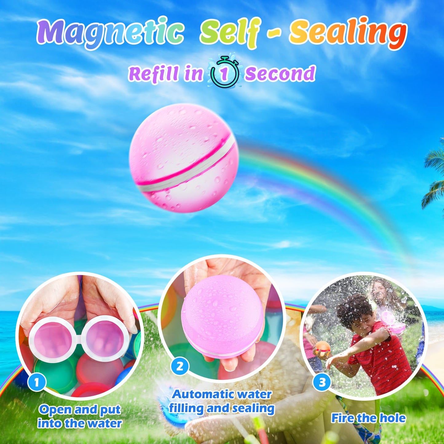 【8 Pack】Magnetic Reusable Water Balloons Fast Refillable for Kids Outdoor Activities, latex-free Kids Pool Beach Bath Toys, Self-Sealing Water Bomb Quick Fill for Summer Games