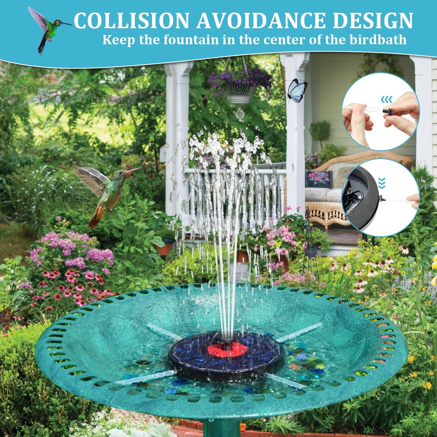 Solar Birdbath Fountains with Colorful Lights with 8 Spray Modes & 4 Fixed Pipes for Garden, Pool, Pond