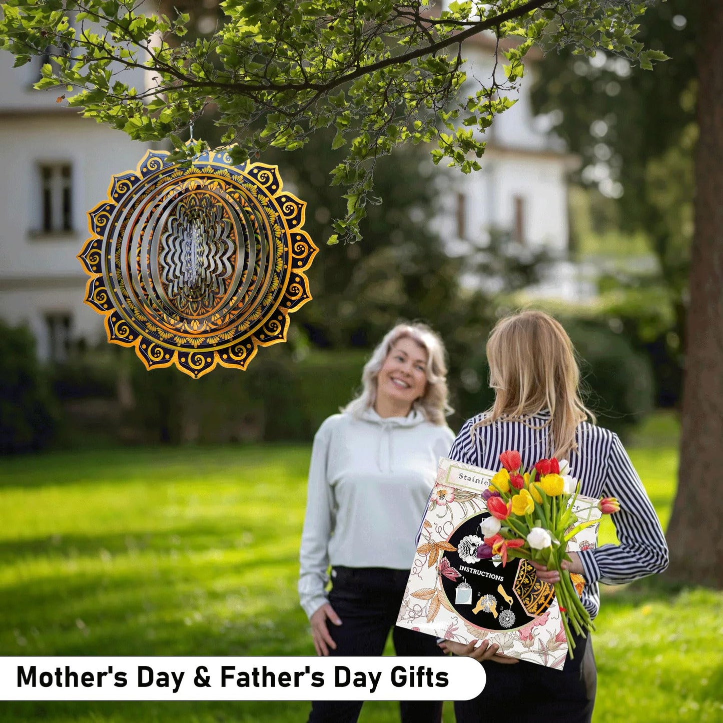 Aoedelyart Wind Spinner Mandala Rich Gold‌,12In Stainless Steel Wind Spinners Outdoor,Garden Gift for Women Mom Father Men Friend,Hanging Wind Sculptures & Spinners Kinetic Yard Art Decorations