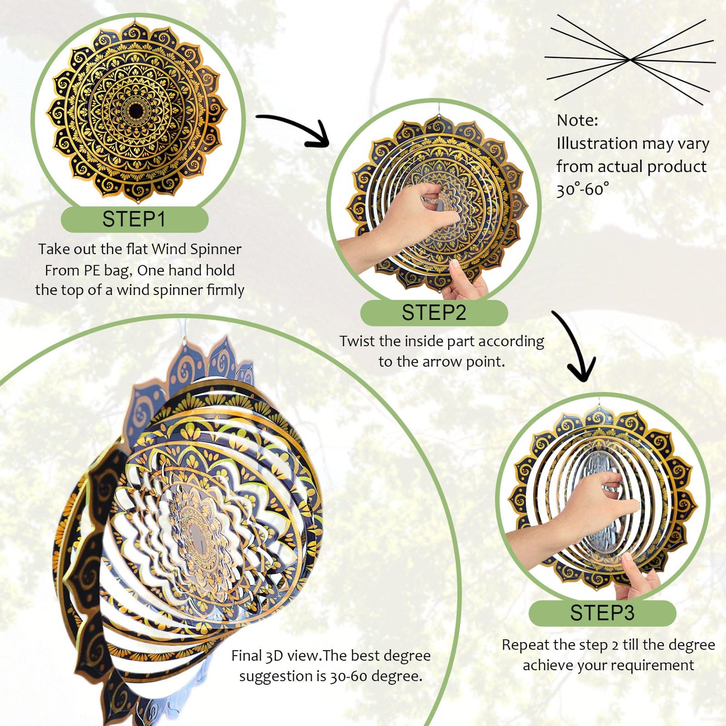 Aoedelyart Wind Spinner Mandala Rich Gold‌,12In Stainless Steel Wind Spinners Outdoor,Garden Gift for Women Mom Father Men Friend,Hanging Wind Sculptures & Spinners Kinetic Yard Art Decorations