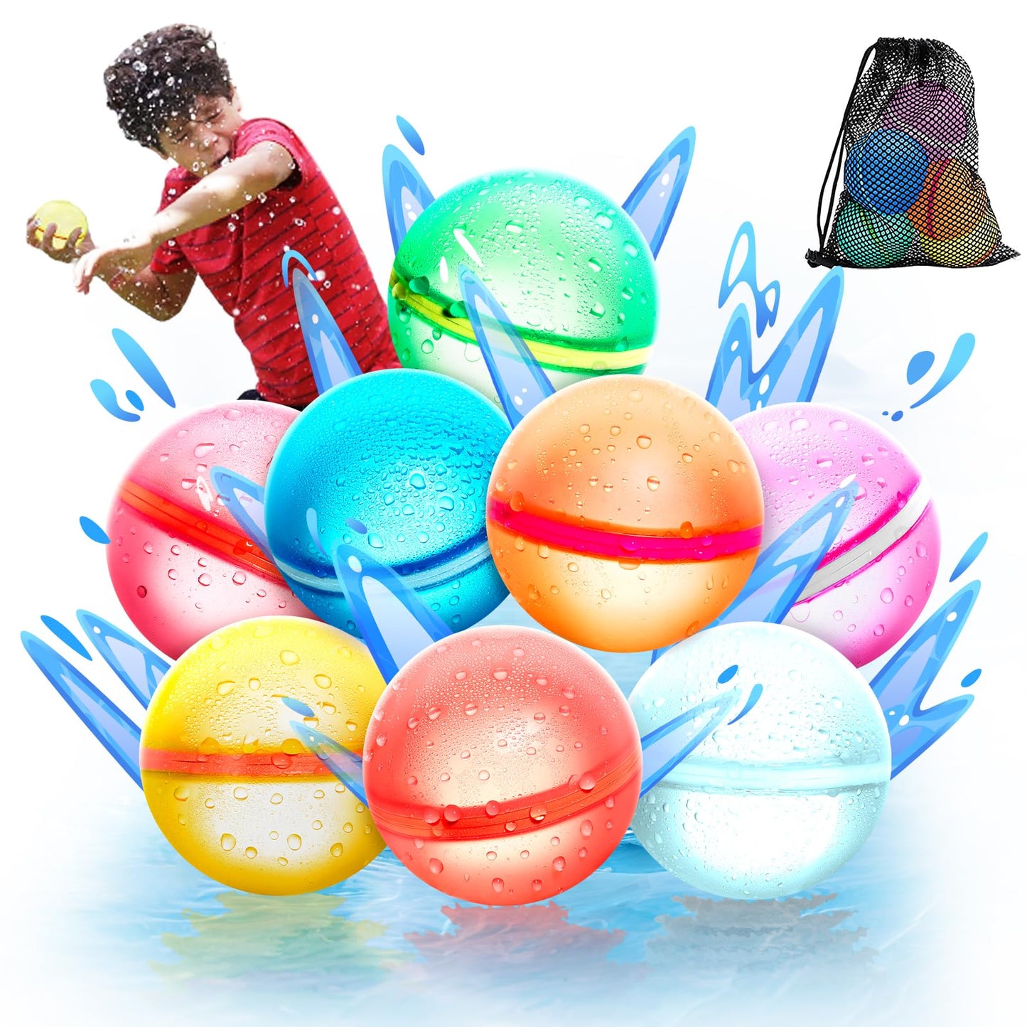 【8 Pack】Magnetic Reusable Water Balloons Fast Refillable for Kids Outdoor Activities, latex-free Kids Pool Beach Bath Toys, Self-Sealing Water Bomb Quick Fill for Summer Games