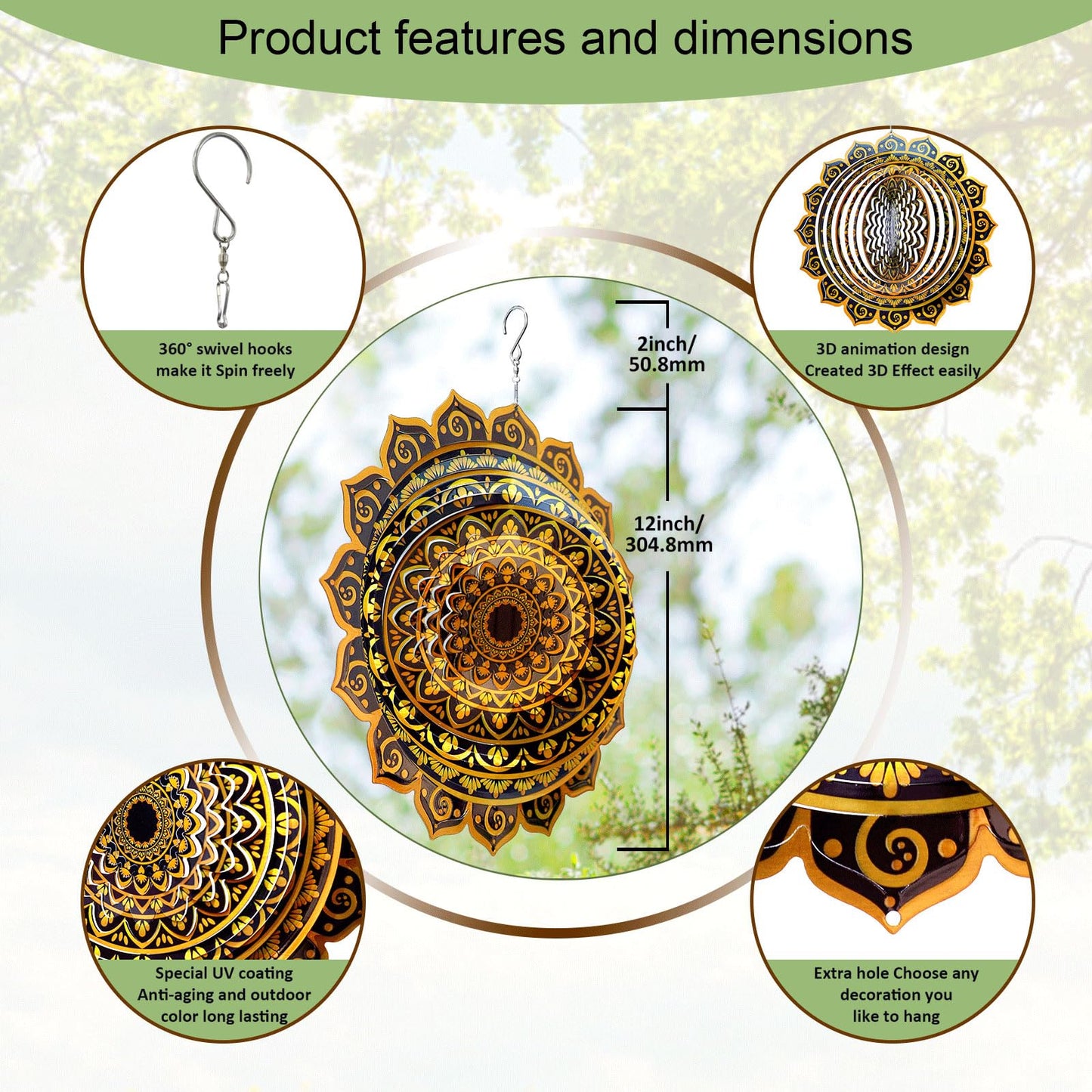 Aoedelyart Wind Spinner Mandala Rich Gold‌,12In Stainless Steel Wind Spinners Outdoor,Garden Gift for Women Mom Father Men Friend,Hanging Wind Sculptures & Spinners Kinetic Yard Art Decorations