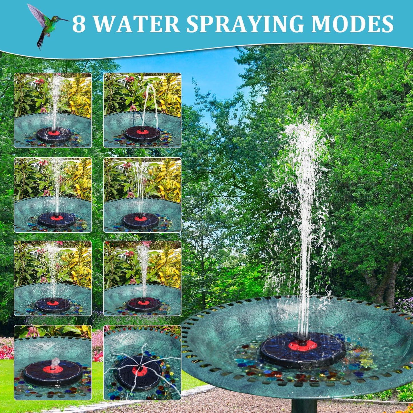 Solar Birdbath Fountains with Colorful Lights with 8 Spray Modes & 4 Fixed Pipes for Garden, Pool, Pond