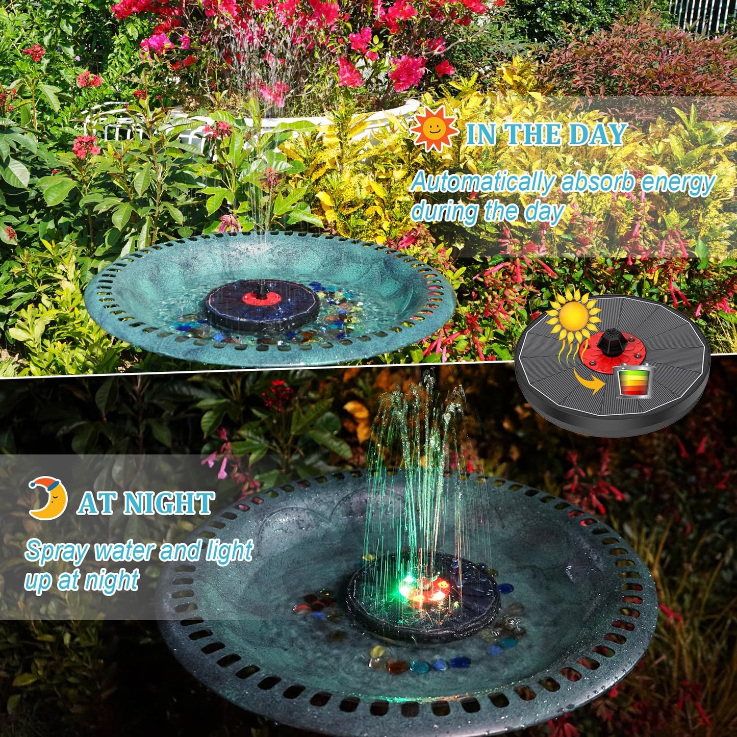 Solar Birdbath Fountains with Colorful Lights with 8 Spray Modes & 4 Fixed Pipes for Garden, Pool, Pond