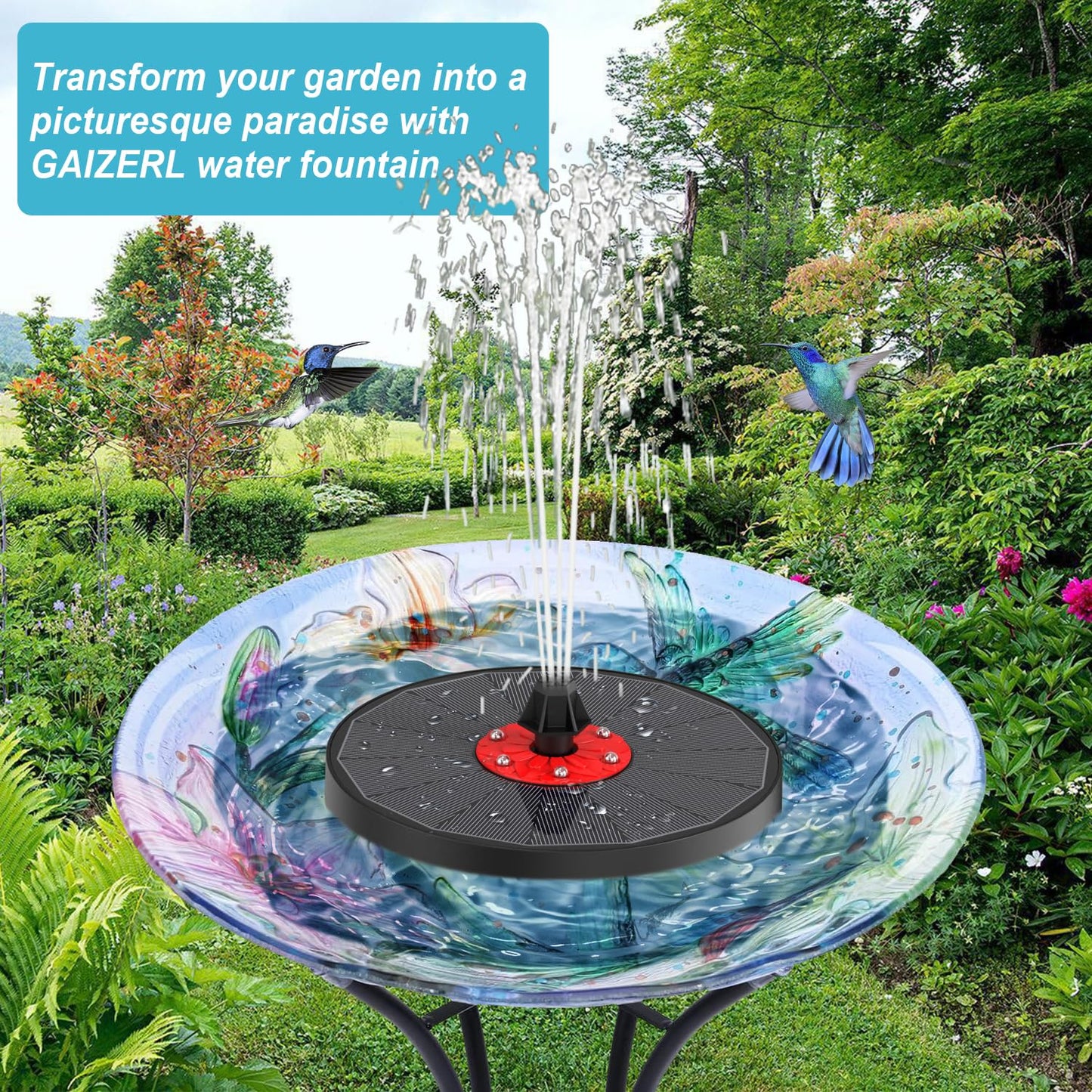 Solar Birdbath Fountains with Colorful Lights with 8 Spray Modes & 4 Fixed Pipes for Garden, Pool, Pond