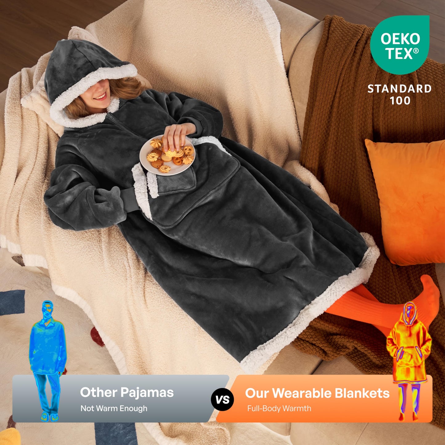 Giggling Getup Wearable Blanket Hoodie for Women Men Gifts for Women Mom Wife Sherpa Fleece Long Hooded Blanket Sweatshirt Cozy Sherpa Wearable Throw with Pocket & Sleeves for Adult Standard Dark Grey
