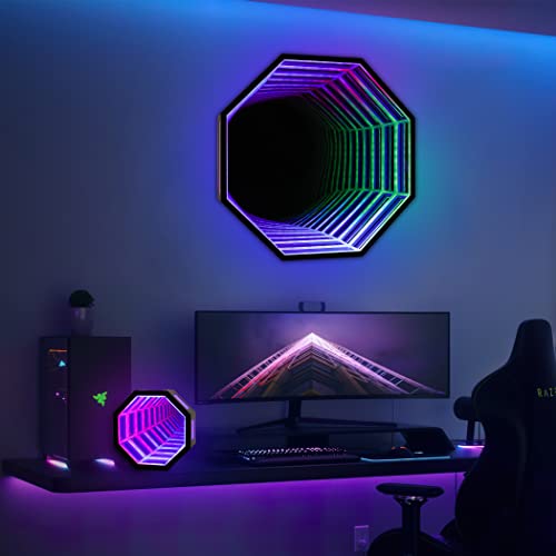 Small Infinity Tunnel Mirror Light, Cool Gaming Desk Futuristic Decor Lamp, RGB Color Changing Wall Art Light, 12-inch Unique Gaming Tabletop Desktop Lamp, for Garage Gaming Sensory Room Decor