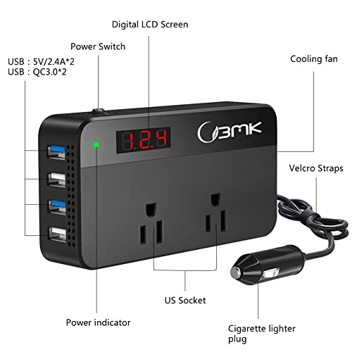 Car Power Inverter DC 12V to 110V with 4 USB Ports Charger Adapter and Power Meter