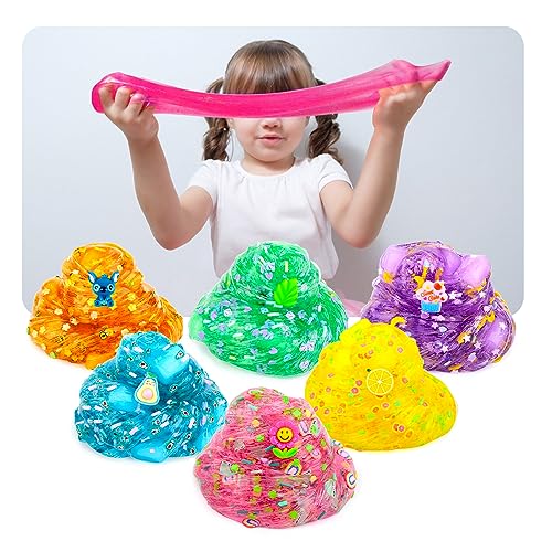 6 Pack Jelly Cube Crunchy Slime Kit, with Yellow, Pink, Purple, Green & Blue Clear Crunchy Slime, Super Soft Sludge Toy with Cute Charms, Party Favors Christmas Slime for Girls and Boys