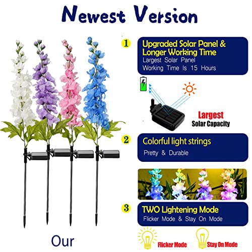 Outdoor LED Solar Garden Lights - 4 Pack Delphinium Flowers with 32 LEDs