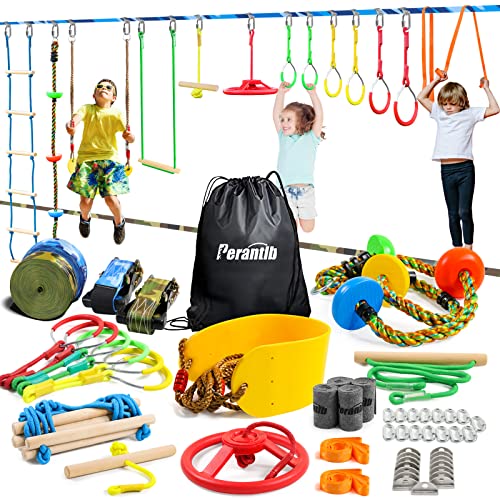 Ninja Warrior Obstacle Course for Kids - 2 x Ninja Slackline 50 'with 12 Accessories for Kids, Including Swings, Rope ladders, Rings, Ninja Rings, etc