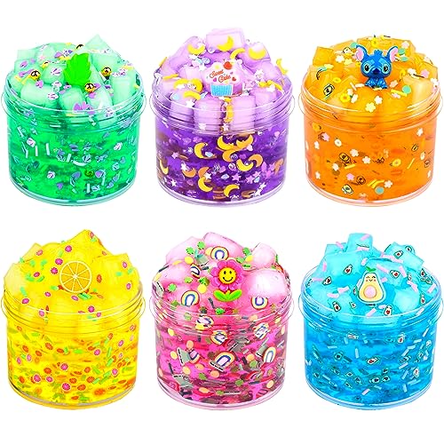 6 Pack Jelly Cube Crunchy Slime Kit, with Yellow, Pink, Purple, Green & Blue Clear Crunchy Slime, Super Soft Sludge Toy with Cute Charms, Party Favors Christmas Slime for Girls and Boys