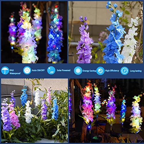 Outdoor LED Solar Garden Lights - 4 Pack Delphinium Flowers with 32 LEDs